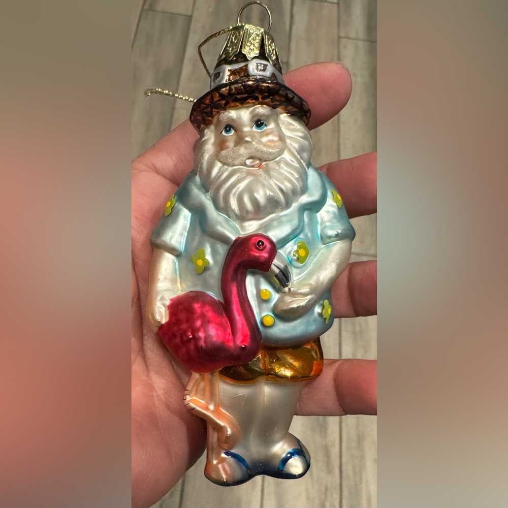 Tropical Santa Glass Ornament with Flamingo